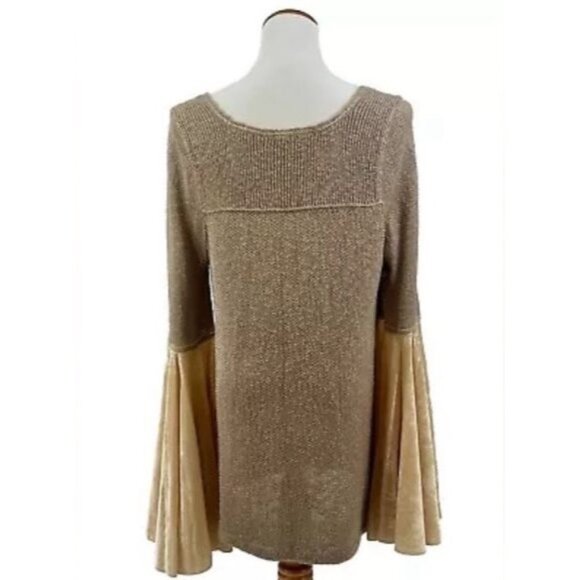 Free People Metallic Gold Threaded Large Velvet Bell Sleeved Tunic Top - Picture 8 of 14